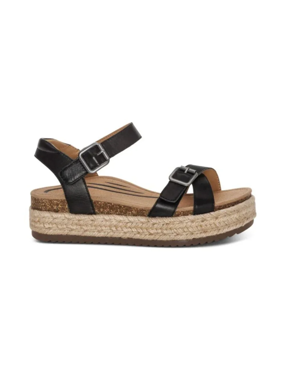 Aetrex Paula Espadrille Platform Sandals Size 7 Black Leather NWOB